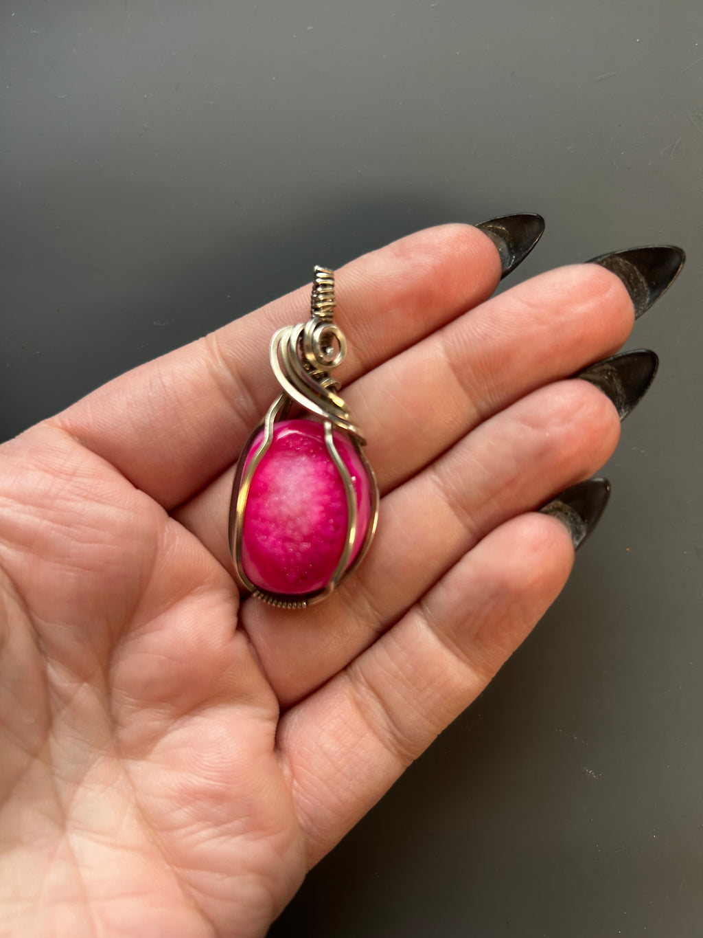 Pink Agate Druzy Wrapped Pendant, Sterling Silver