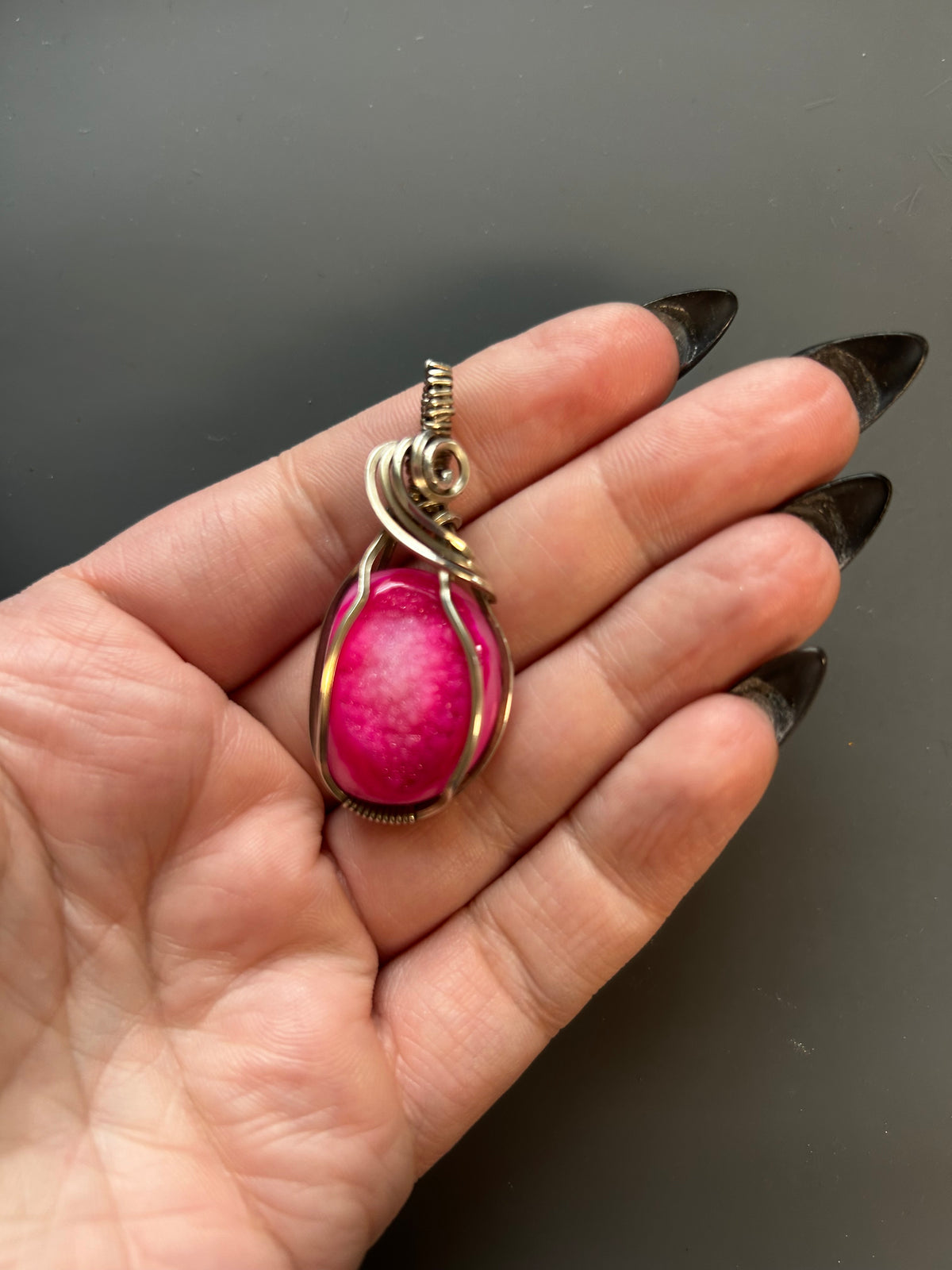 Pink Agate Druzy Wrapped Pendant, Sterling Silver