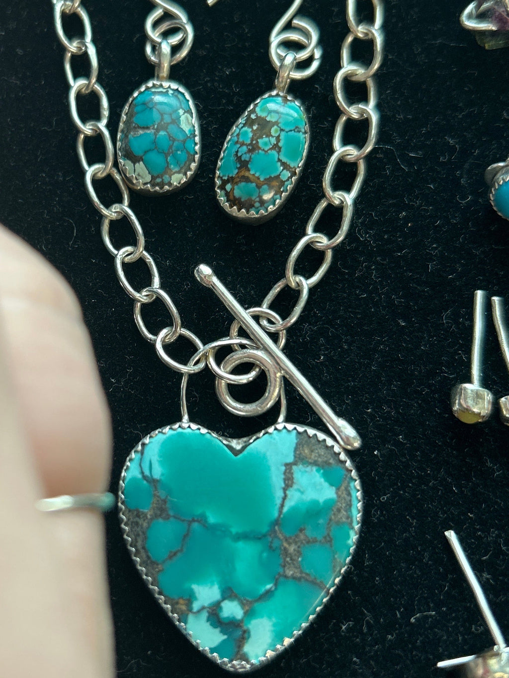 Hubei Turquoise Heart Toggle Necklace & Earring Set, Sterling Silver