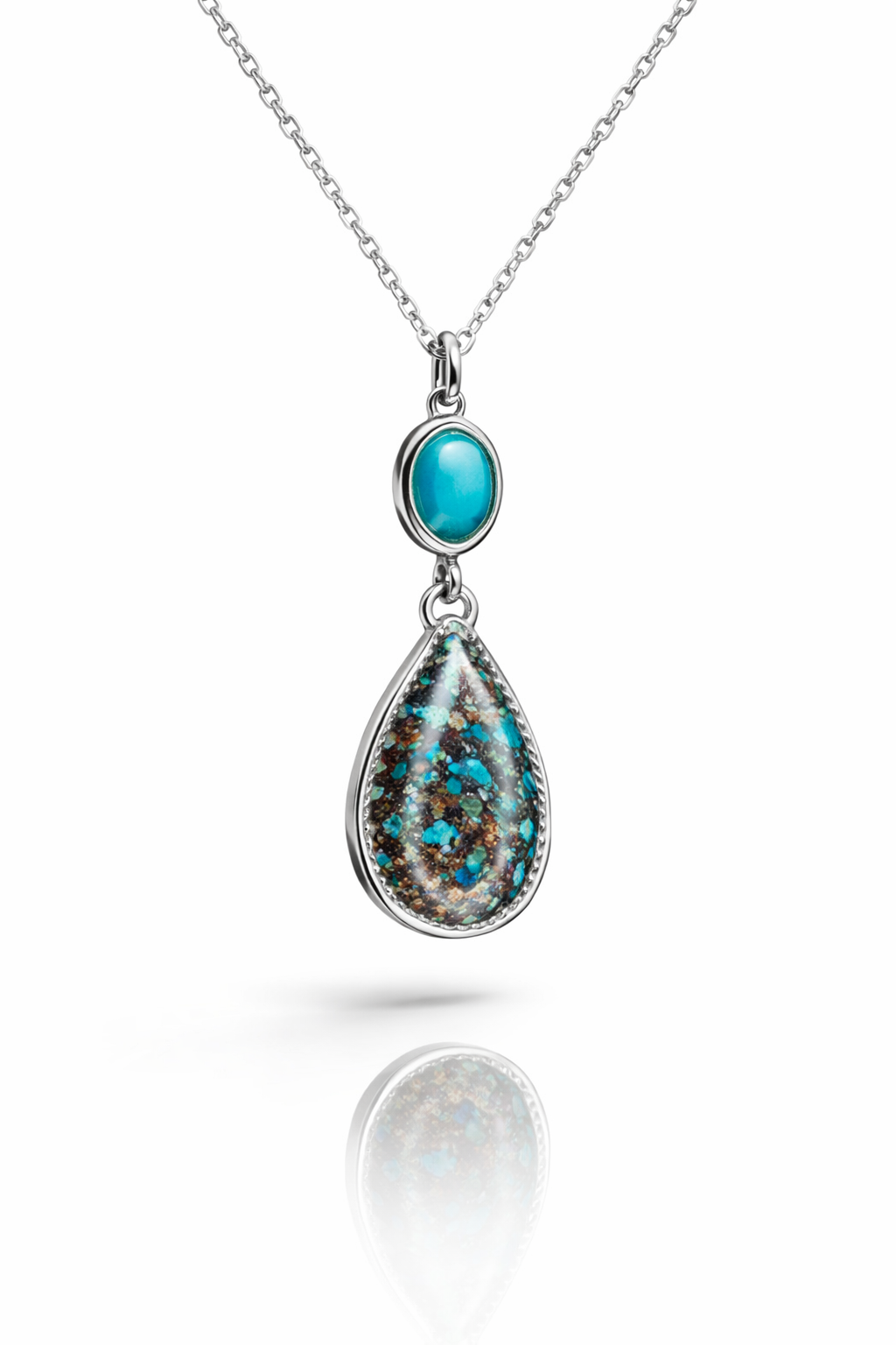 Handmade sterling silver confetti chryscolla and turquoise mountain necklace
