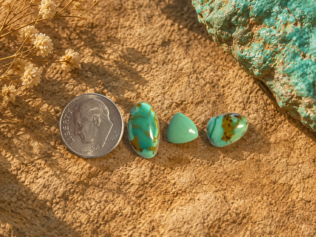 Natural backed long mountain turquoise cabochon set