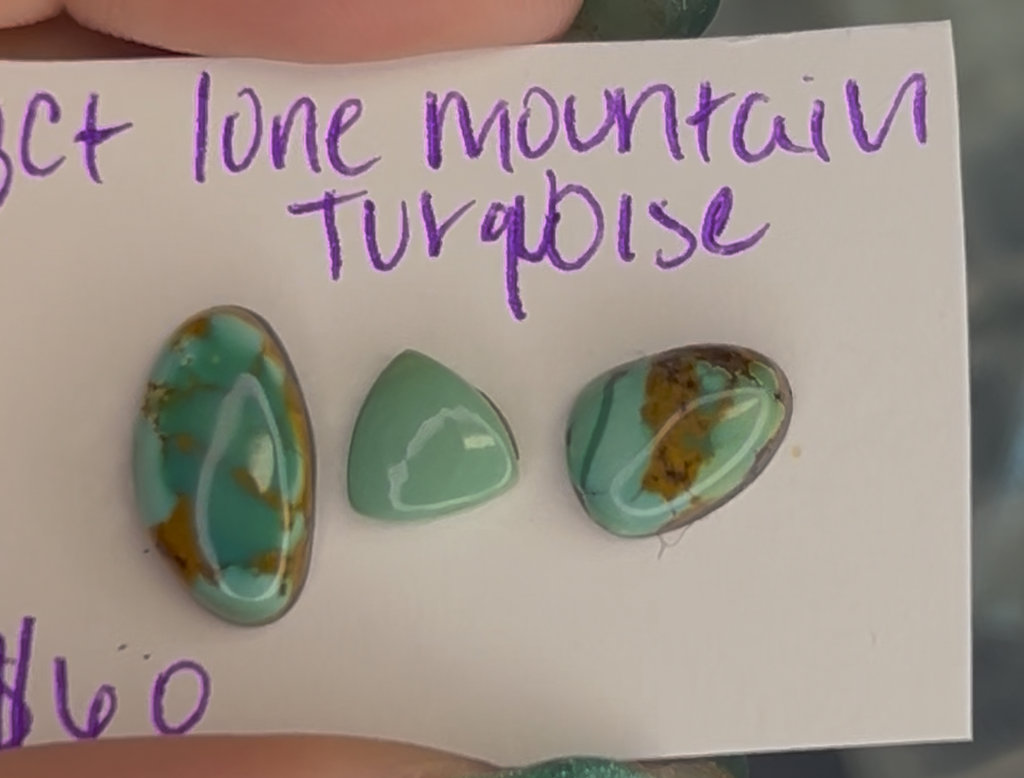 Natural backed long mountain turquoise cabochon set