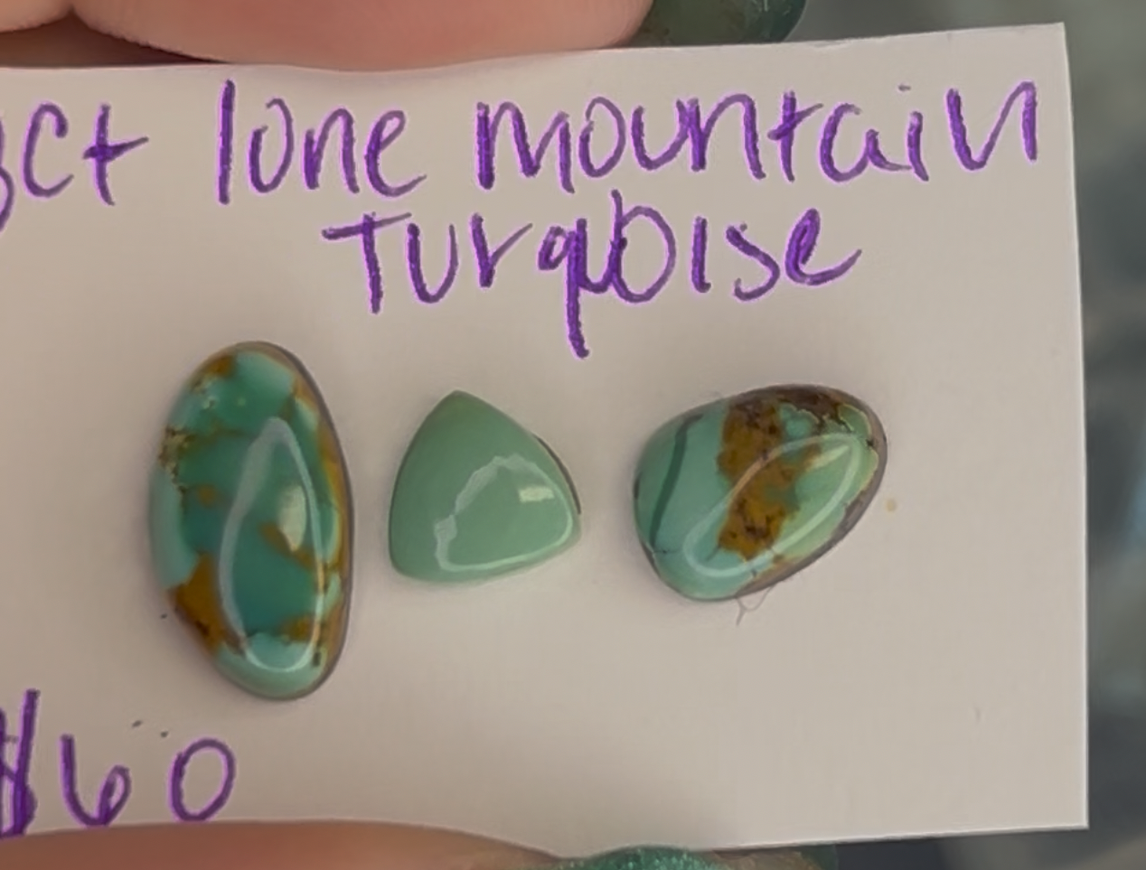 Natural backed long mountain turquoise cabochon set