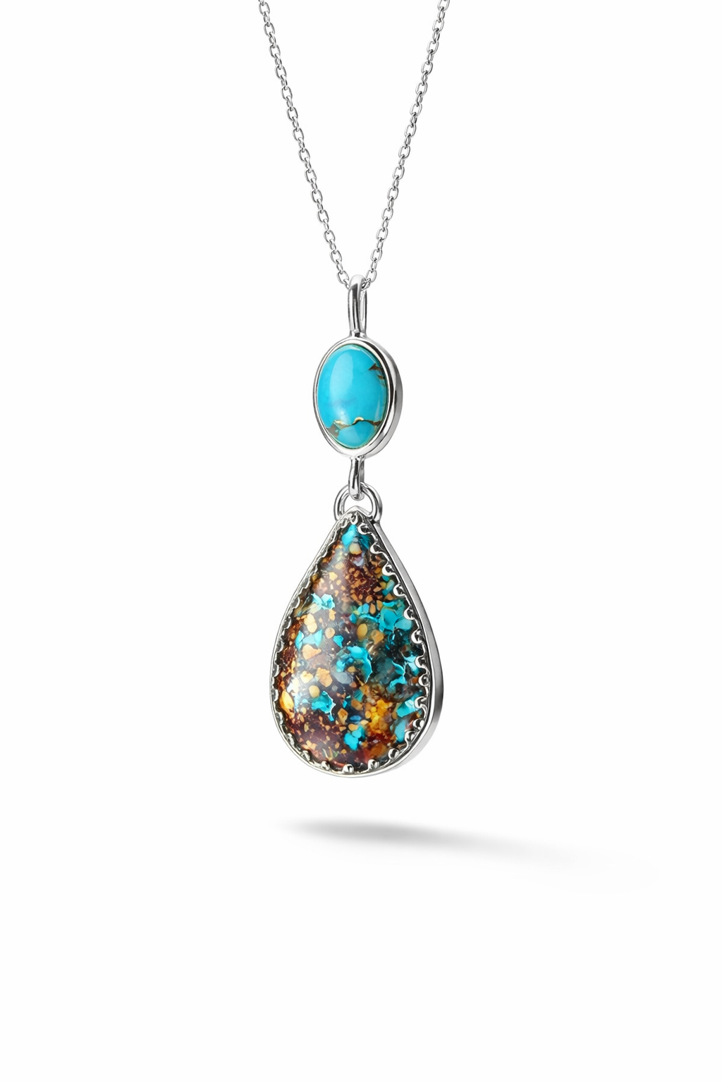 Handmade sterling silver confetti chryscolla and turquoise mountain necklace