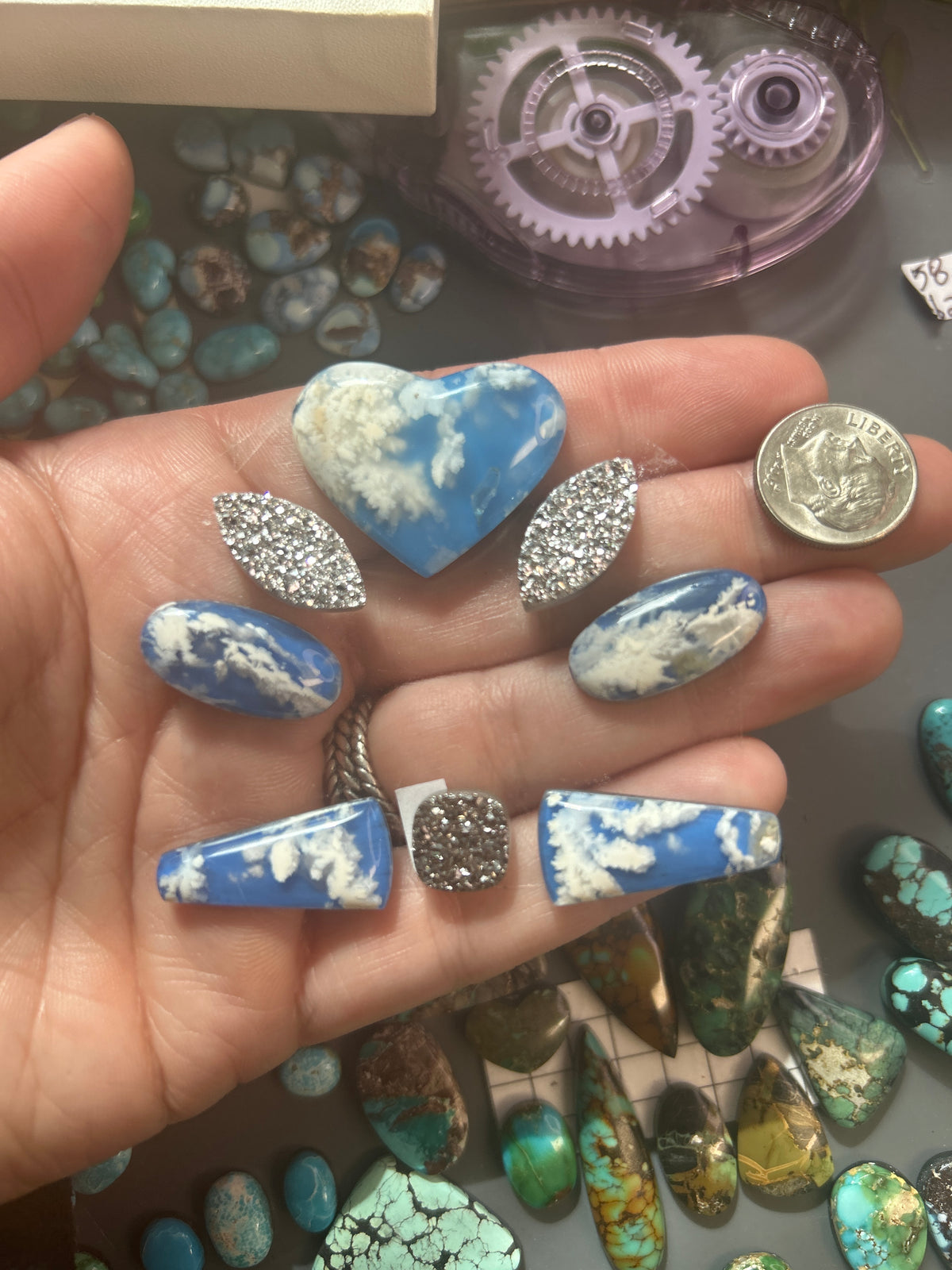 Sky plume agate and natural Brazilian druzy cabochon buckle set