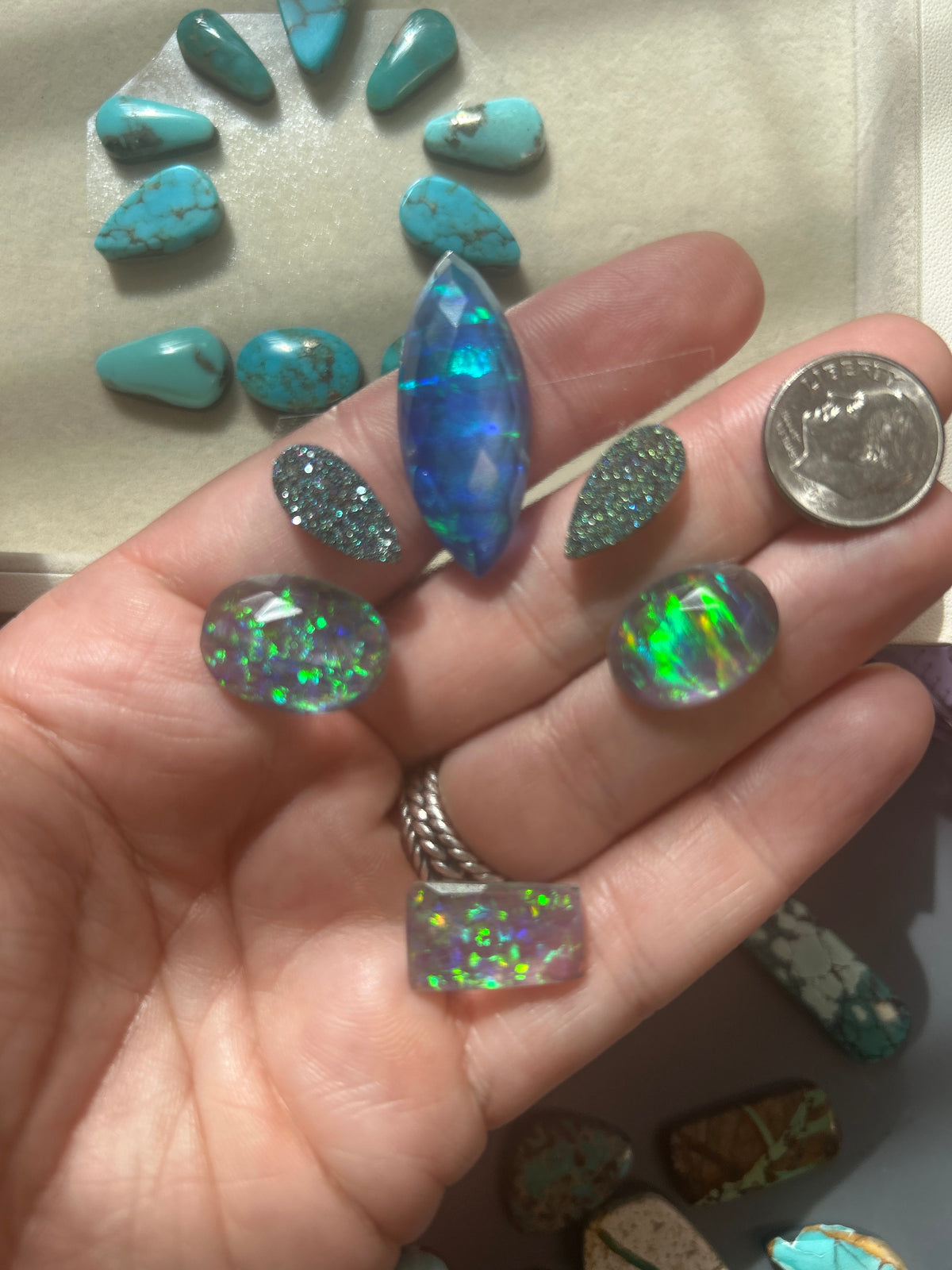 Opal doublet and druzy cabochon buckle set • 60 carats