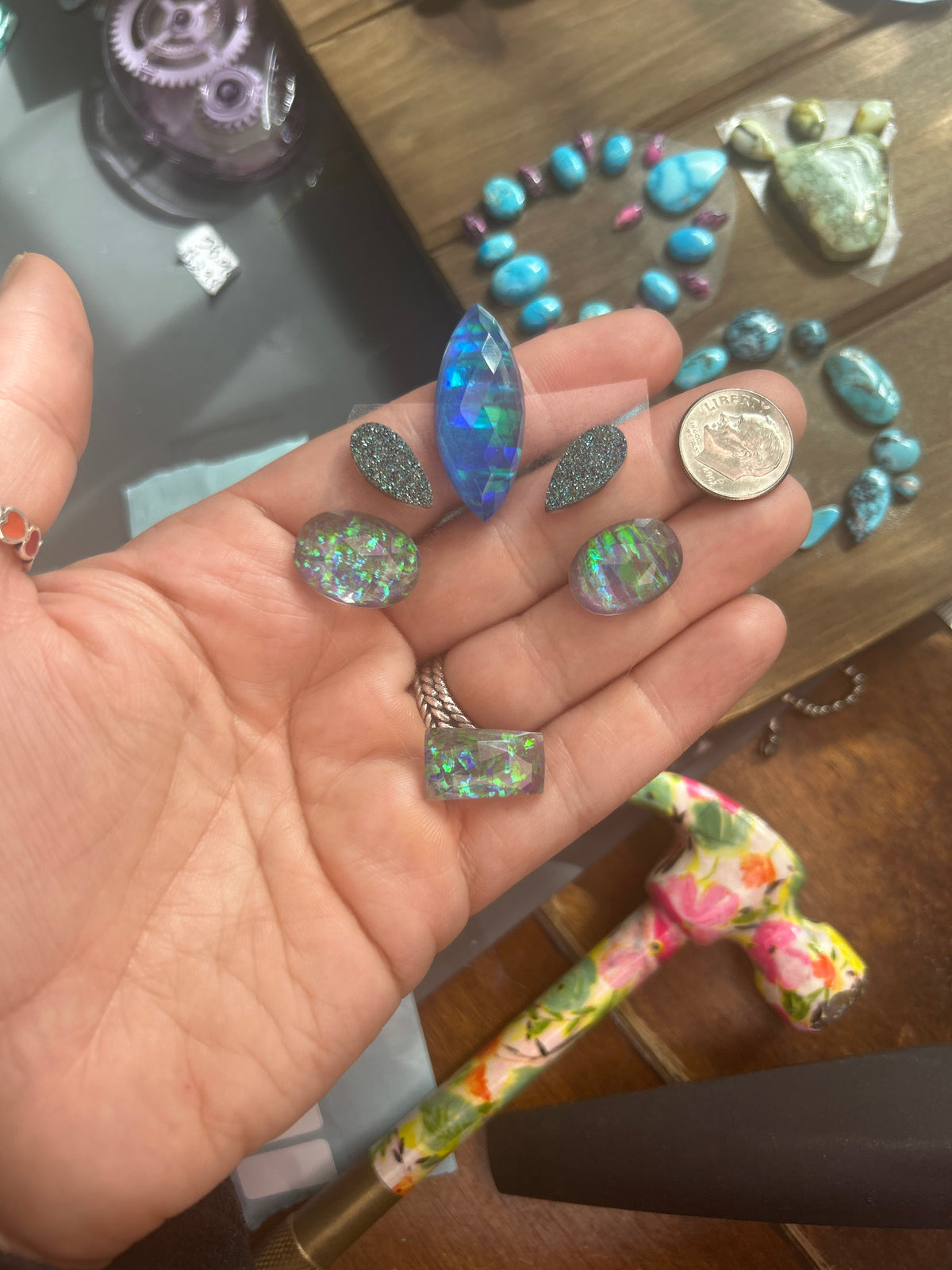 Opal doublet and druzy cabochon buckle set • 60 carats
