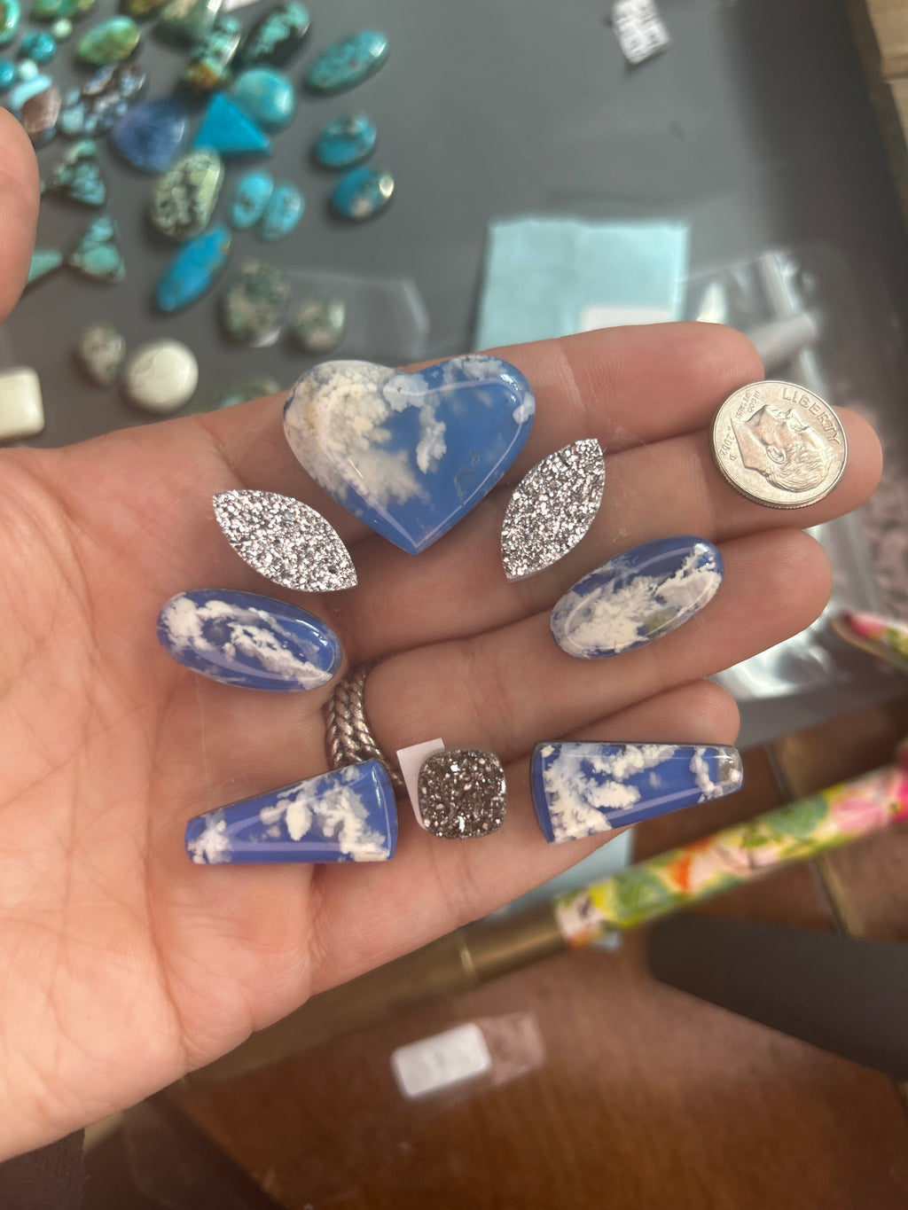 Sky plume agate and natural Brazilian druzy cabochon buckle set